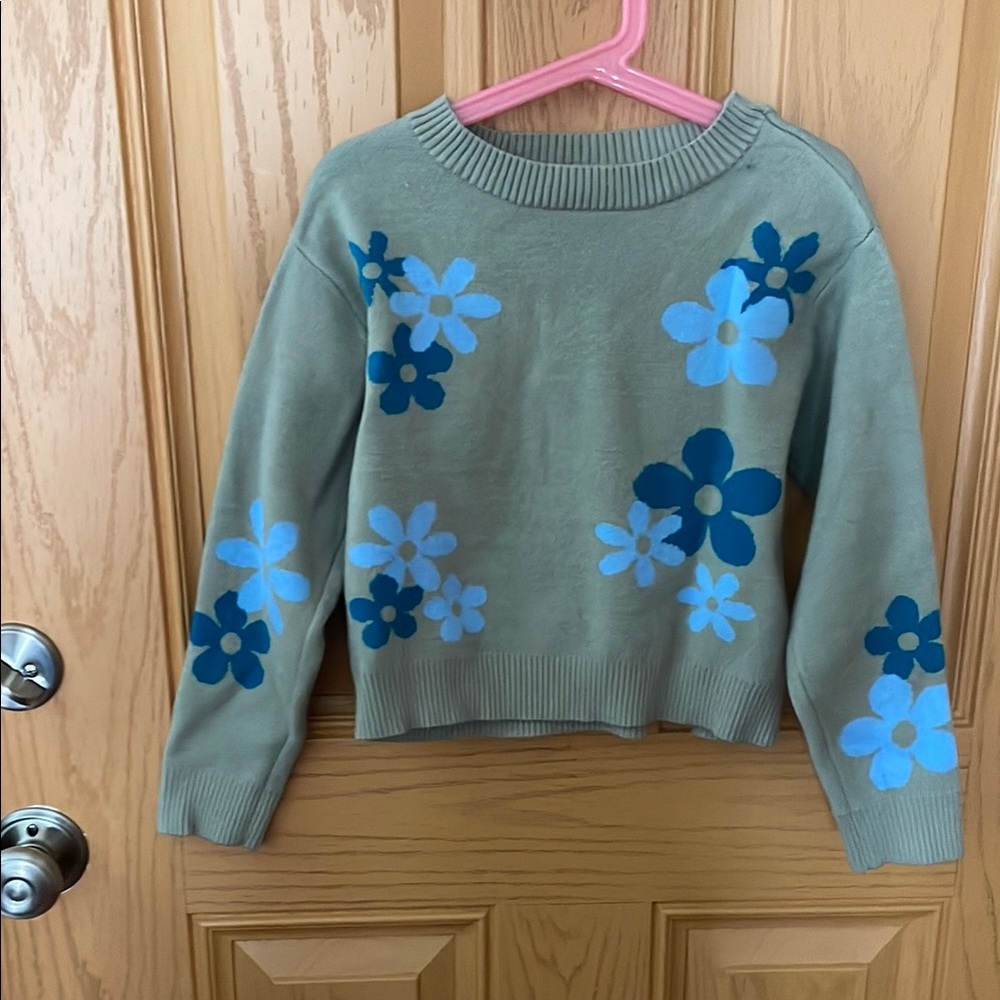 Girls i.n. girl Green and Blue Crew Neck Sweater with Floral Design